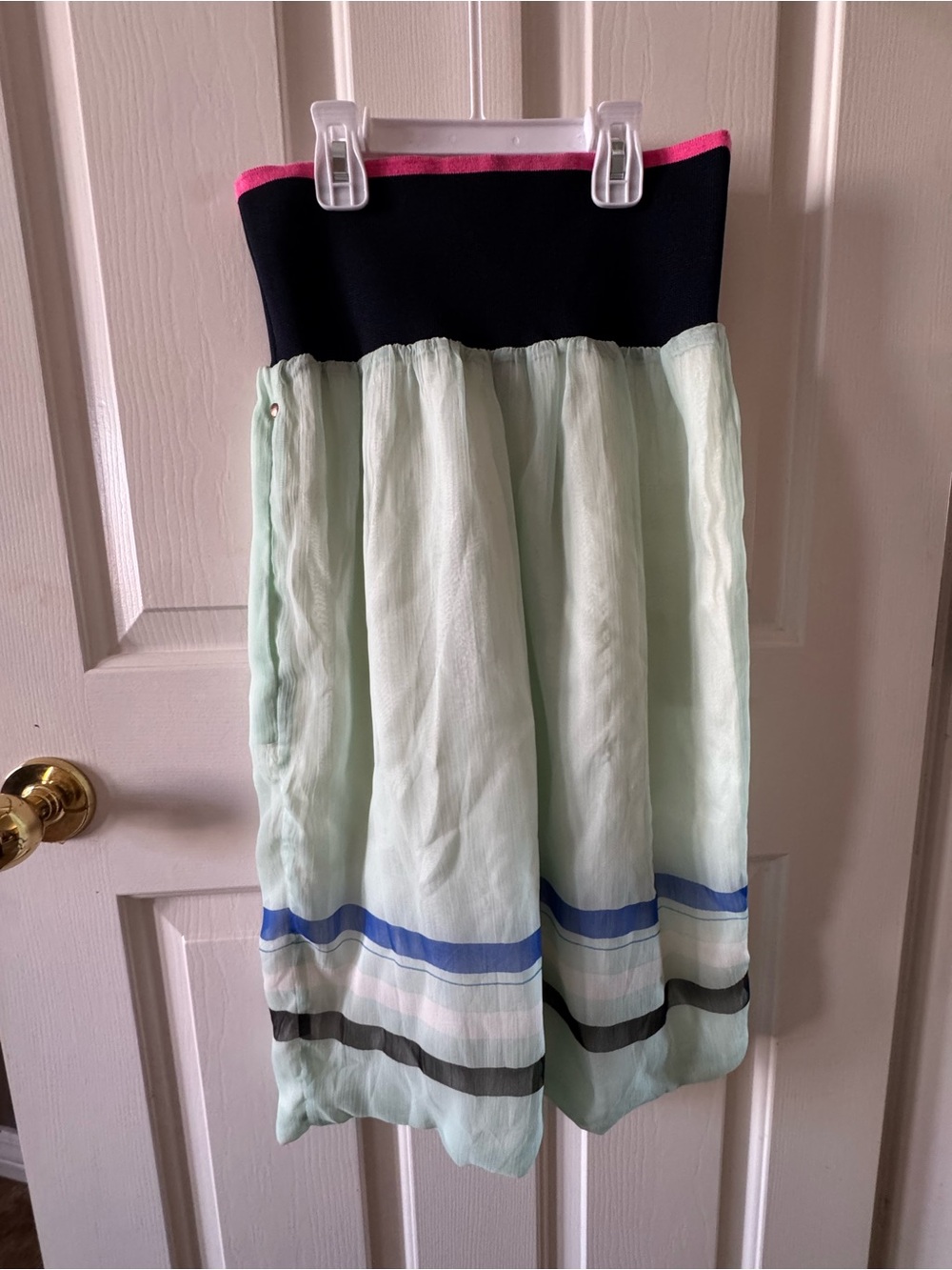 Mint Green Stripe Midi Skirt with Black Waistband